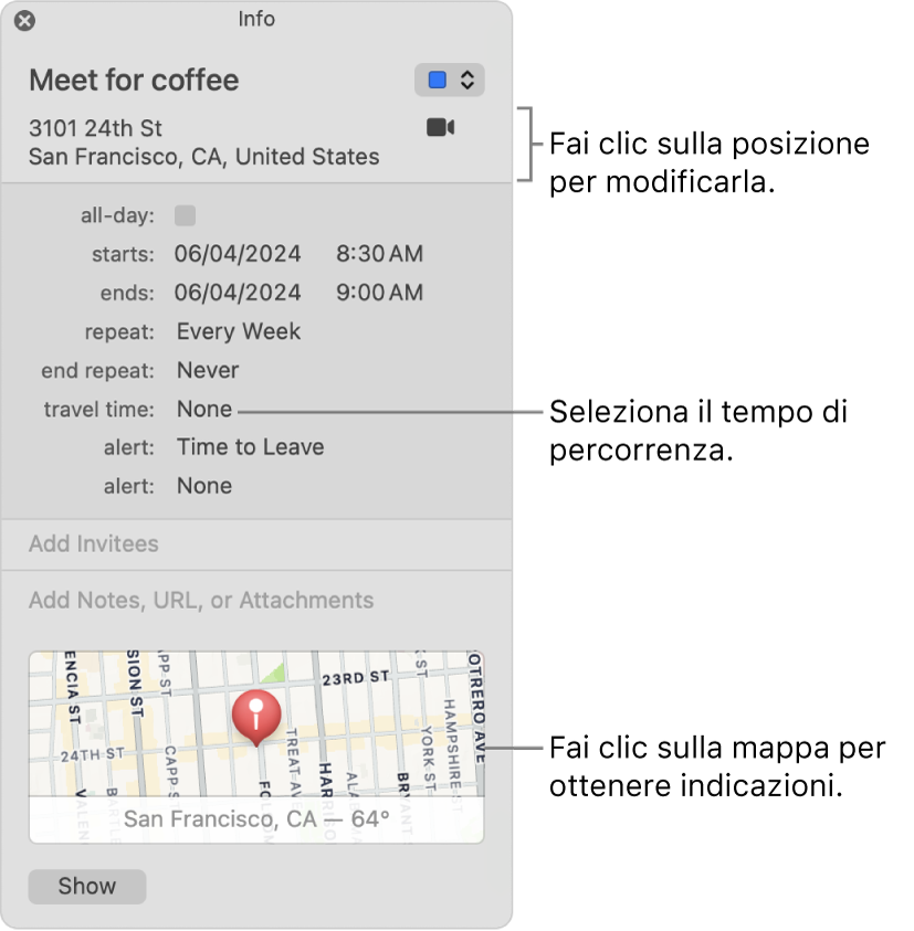 Finestra delle informazioni di un evento con il puntatore sul menu a comparsa “Tempo di percorrenza”. Fai clic sulla posizione per modificarla. Scegli un tempo di percorrenza dal menu a comparsa. Fai clic sulla mappa per ottenere indicazioni.