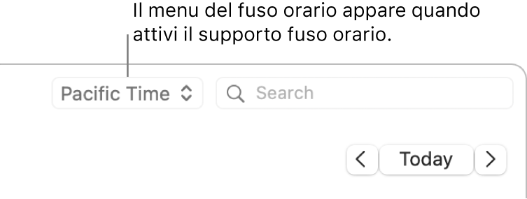 Il menu del fuso orario appare a sinistra del campo di ricerca quando attivi il supporto per il fuso orario