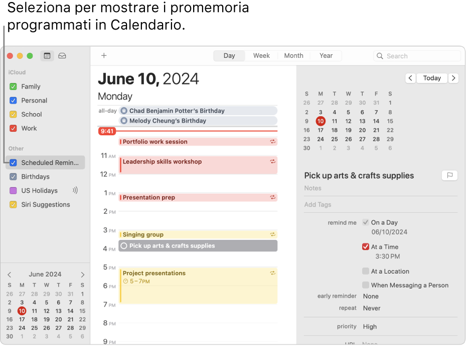 Una finestra di Calendario nella vista Giorno che mostra l’elenco di calendari e la casella di controllo dei promemoria programmati selezionata. Giorno mostra gli eventi in programma e un promemoria programmato con l’area di aggiunta dei promemoria a destra.