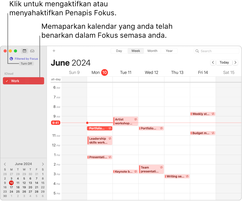 Tetingkap Kalendar dalam paparan Minggu menunjukkan hanya kalendar Kerja dalam bar sisi selepas Fokus Kerja telah diaktifkan.