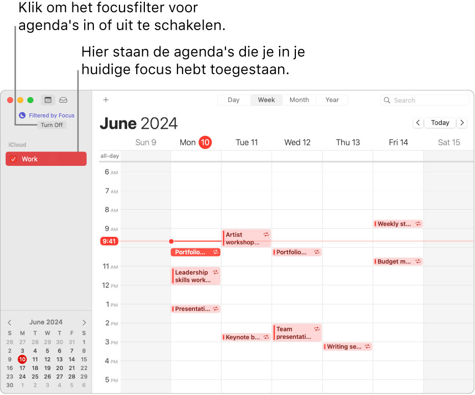 Een Agenda-venster in de weekweergave met alleen de werkagenda in de navigatiekolom nadat de focus 'Werk' is ingeschakeld.