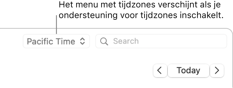 Het menu met tijdzones verschijnt links van het zoekveld als je ondersteuning voor tijdzones inschakelt