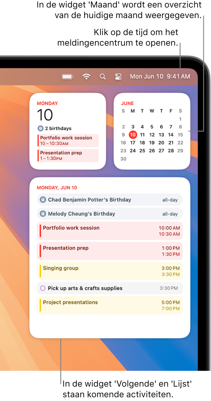 Drie Agenda-widgets: een widget 'Volgende' en een widget 'Lijst' met komende activiteiten voor de huidige dag en een widget 'Maand' met de huidige maand. Klik op de datum en tijd in de menubalk om het meldingencentrum te openen en widgets aan te passen.