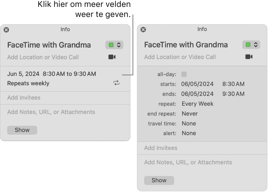 De afbeelding links is een niet-uitgevouwen infovenster voor een activiteit. Rechts is het infovenster voor dezelfde activiteit uitgevouwen en geeft extra velden weer, zoals begin- en eindtijd, herhaling en reistijd.