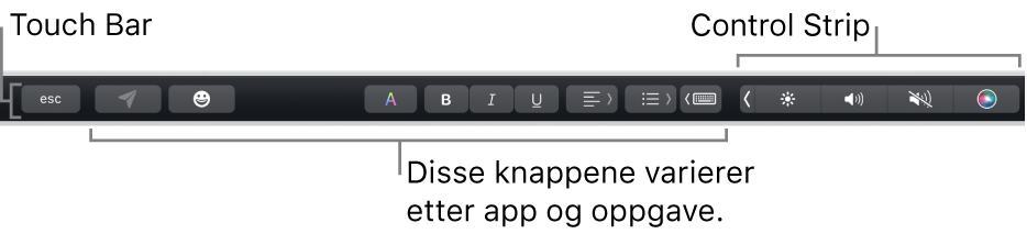 Touch Bar langs toppen av tastaturet, som viser minimert Control Strip til høyre og knapper som varierer avhengig av app eller oppgave.