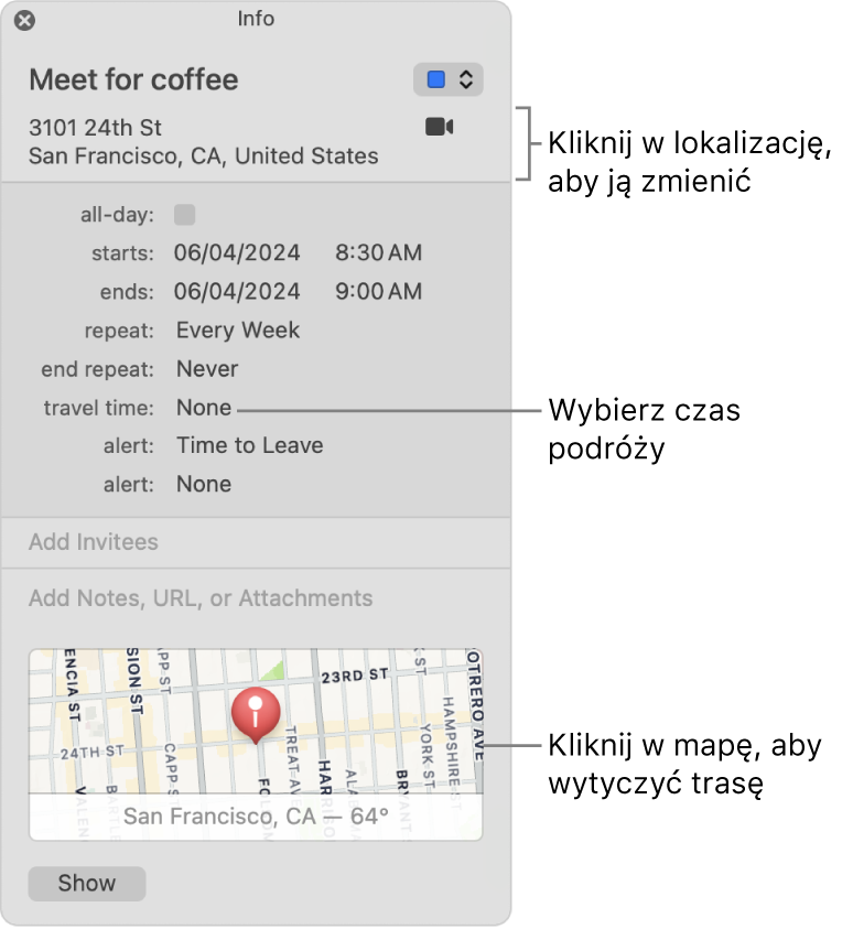 Okno informacji o wydarzeniu. Wskaźnik znajduje się nad menu podręcznym „czas podróży”. Kliknij w miejsce, aby je zmienić. Wybierz czas podróży przy użyciu menu podręcznego. Kliknij w mapę, aby pokazać trasę.