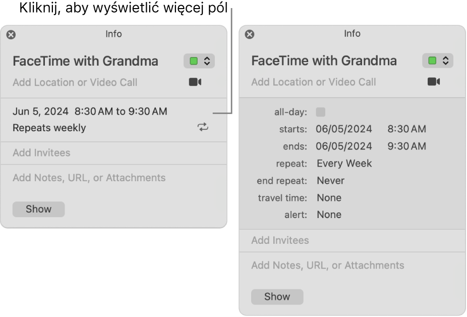 Ilustracja po lewej pokazuje nierozwinięte okno informacji o wydarzeniu. Po prawej widoczne jest okno informacji o tym samym wydarzeniu, rozwinięte w celu pokazania dodatkowych pól, takich jak czas początkowy, czas końcowy, czas zakończenia, powtarzanie i czas podróży.