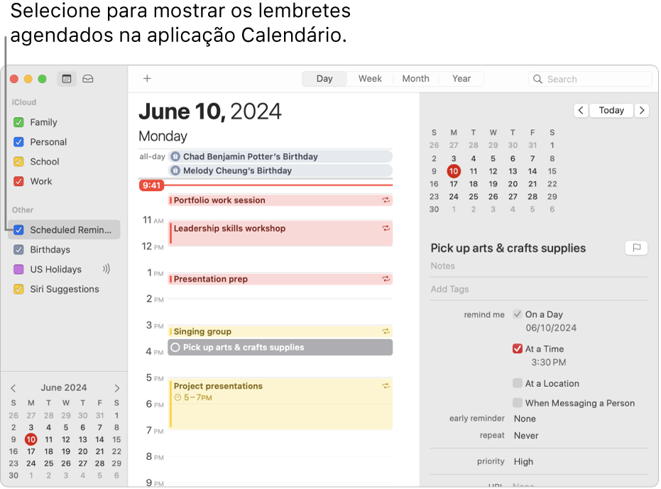 Uma janela da aplicação Calendário na vista por dia a mostrar a lista de calendários e a opção assinalada “Lembretes agendados”. O agendamento por dia mostra eventos e um lembrete agendado com a área para adicionar lembretes à direita.