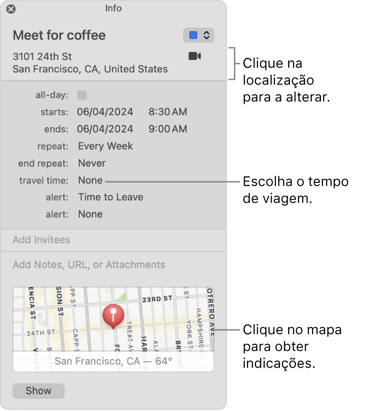 Janela de informação de um evento com o cursor sobre o menu pop-up “Tempo de viagem” Clique na localização para a alterar. Selecione o tempo de viagem no menu pop‑up. Clique no mapa para obter indicações.