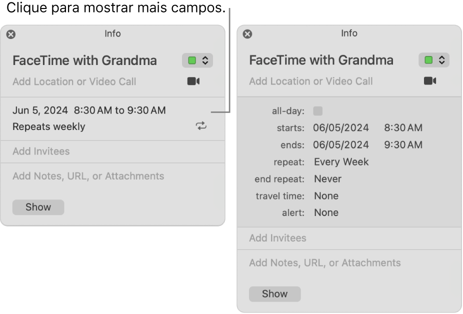 A janela Informação de um evento com os detalhes ocultados (à esquerda) e a janela de informação do mesmo evento com os detalhes sobre a duração (à direita).