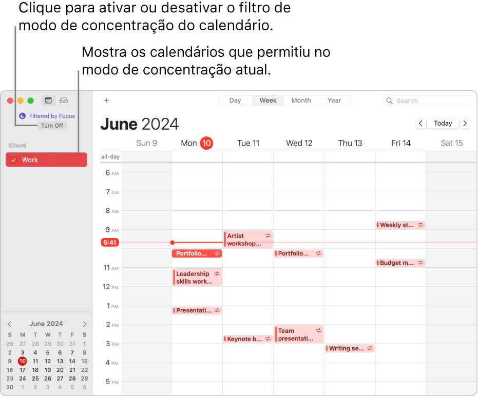 Uma janela do Calendário na vista de Semana mostra apenas o calendário Trabalho na barra lateral após o modo de concentração “Trabalho” ter sido ativado.