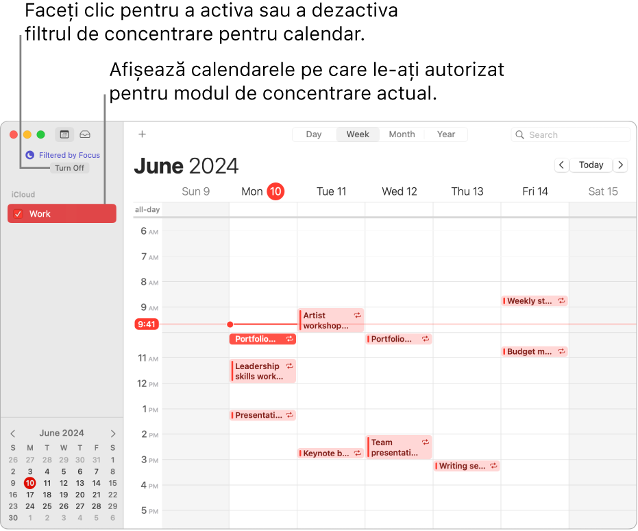 O fereastră Calendar în vizualizarea Săptămână afișând doar calendarul Serviciu în bara laterală după ce modul de concentrare Muncă a fost activat.