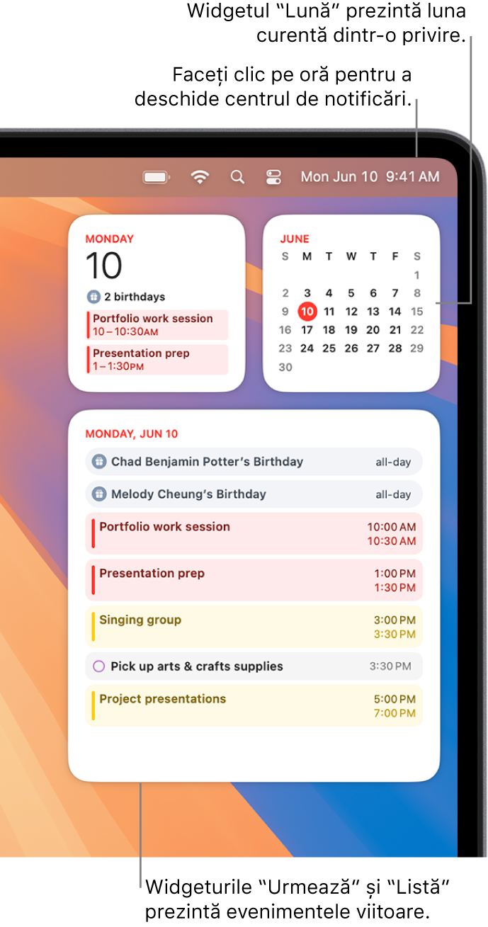 Trei widgeturi Calendar – un widget Urmează și un widget Listă prezintă evenimentele planificate pentru ziua curentă și un widget Lună prezintă luna curentă. Faceți clic pe data și ora din bara de meniu pentru a deschide centrul de notificări și a personaliza widgeturile.