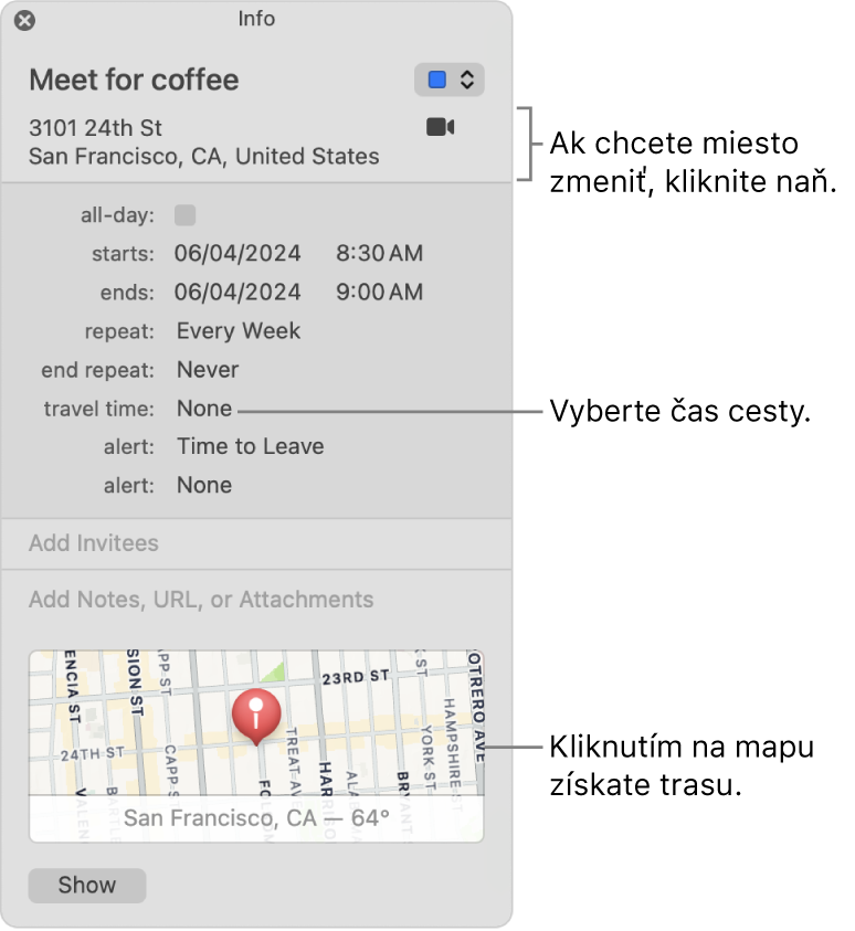 Informačné okno udalosti s kurzorom nad vyskakovacím menu Čas cesty. Ak chcete miesto zmeniť, kliknite naň. Čas cesty vyberiete pomocou vyskakovacích menu. Ak chcete zobraziť navigačné pokyny, kliknite na mapu.