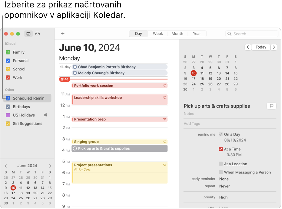 Okno Koledarja v Dnevnem pogledu prikazuje seznam koledarjev in izbrano potrditveno polje Načrtovani opomniki. Dnevni urnik prikazuje dogodke in načrtovan opomnik z območjem za dodajanje opomnikov na desni.