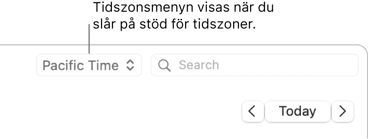 Tidszonsmenyn visas till vänster om sökfältet när du aktiverar stöd för tidszon