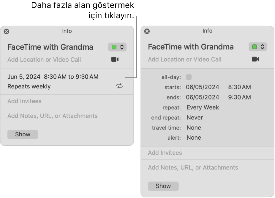 Sol taraftaki görüntüde bir etkinlik için genişletilmemiş bilgi penceresi gösteriliyor. Sağ tarafta aynı etkinliğin Bilgi penceresi başlangıç, bitiş, yineleme ve seyahat süresi gibi ek alanları göstermek için genişletilmiştir.