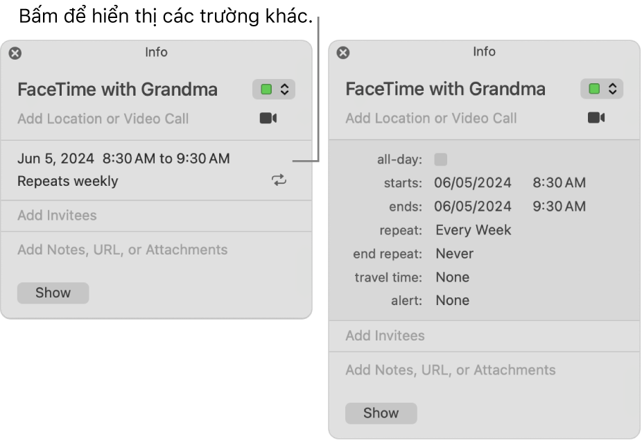 Hình ảnh ở bên trái hiển thị cửa sổ Thông tin không được mở rộng cho sự kiện. Ở bên phải, cửa sổ Thông tin cho cùng một sự kiện được mở rộng để hiển thị các trường khác, chẳng hạn như thời gian bắt đầu, kết thúc, lặp lại và di chuyển.
