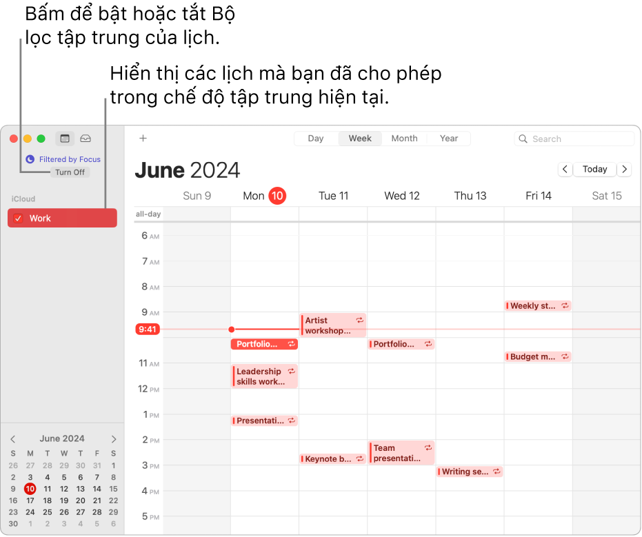 Cửa sổ Lịch trong chế độ xem Tuần đang chỉ hiển thị lịch Làm việc trong thanh bên sau khi chế độ tập trung Làm việc đã được bật.