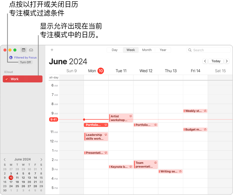 周视图下的“日历”窗口。在工作专注模式打开后，边栏中仅显示“工作”日历。