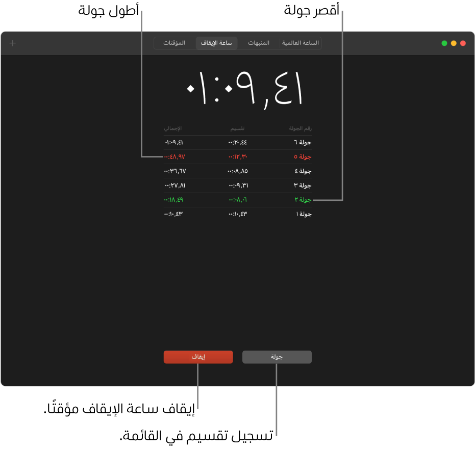 جزء ساعة الإيقاف في تطبيق الساعة. ساعة إيقاف تعرض الوقت الإجمالي المنقضي في حدث ما، وأسفلها توجد عدة جولات مدرجة ضمن هذا الحدث.