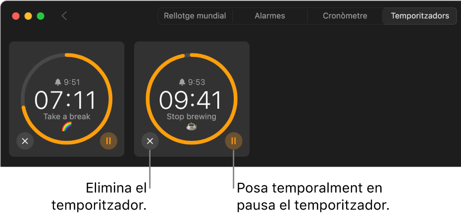 Dos temporitzadors en marxa a la finestra de l’app Rellotge. Cada temporitzador especifica l'hora a la qual acabarà, quant de temps queda i l’etiqueta està envoltada per un arc groc en un cercle gris. L’arc indica quina part del temporitzador queda. Els botons per eliminar o posar en pausa cada temporitzador apareixen a sota dels cercles.