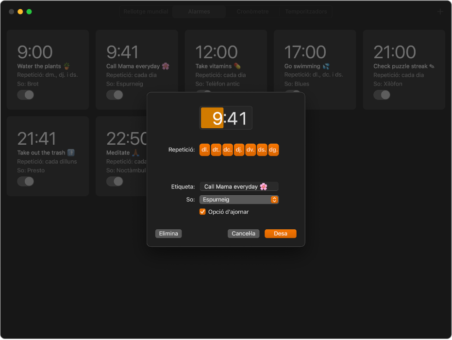 El tauler “Alarmes” de l’app Rellotge mostra diverses alarmes. Davant del tauler s’obre un menú desplegable, on s'està configurant una alarma nova.
