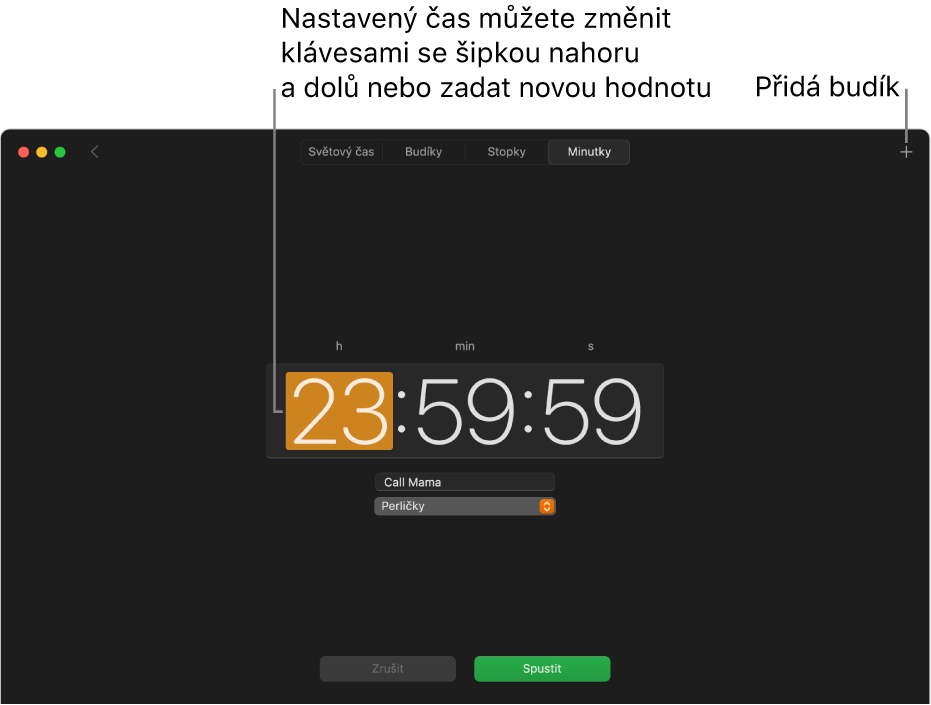 Panel Minutky v aplikaci Hodiny se zobrazeným časem v hodinách, minutách a sekundách.