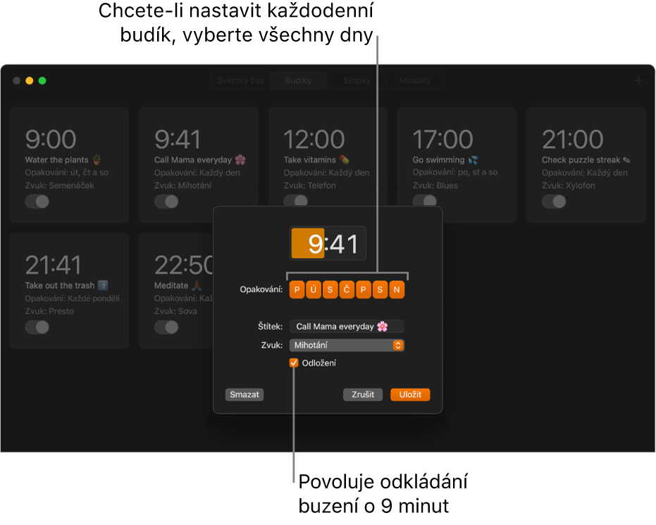 Vyskakovací okno s nastavením budíku v aplikaci Hodiny.