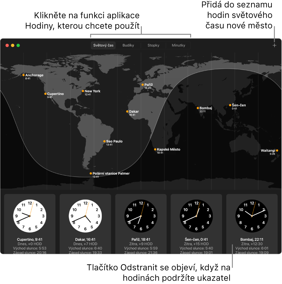 Panel Světový čas v aplikaci Hodiny s místním časem a časem východu a západu slunce v různých světových metropolích. Panely podél horního okraje okna Hodiny jsou propojené s dalšími funkcemi. Vpravo nahoře je vidět tlačítko Přidat pro přidání města.