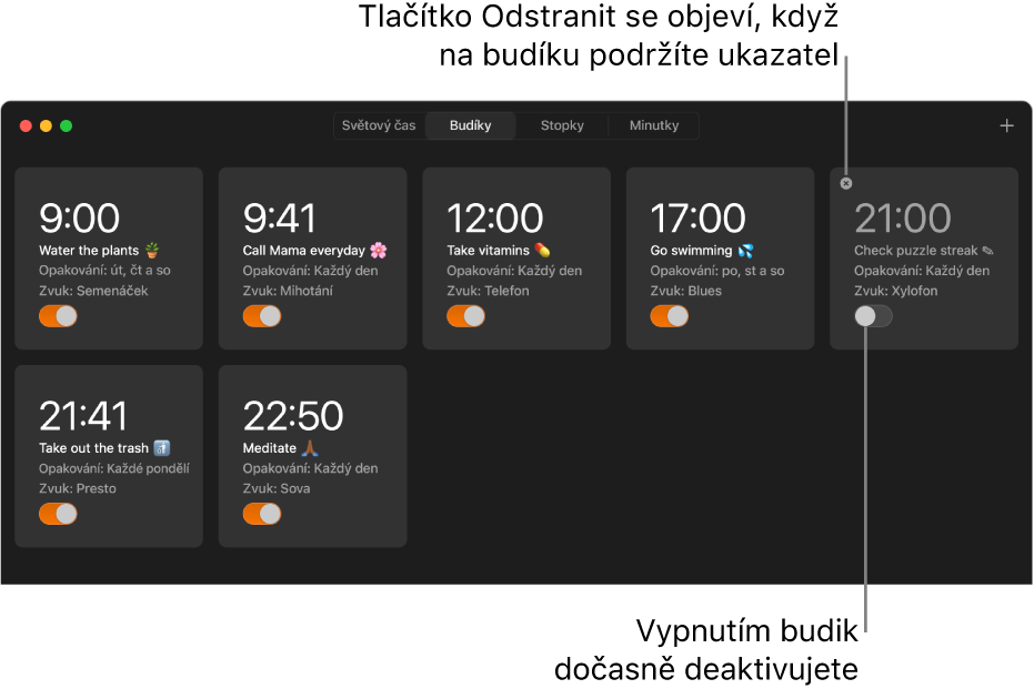 Panel Budíky v aplikaci Hodiny s několika budíky pro různé činnosti a časy.