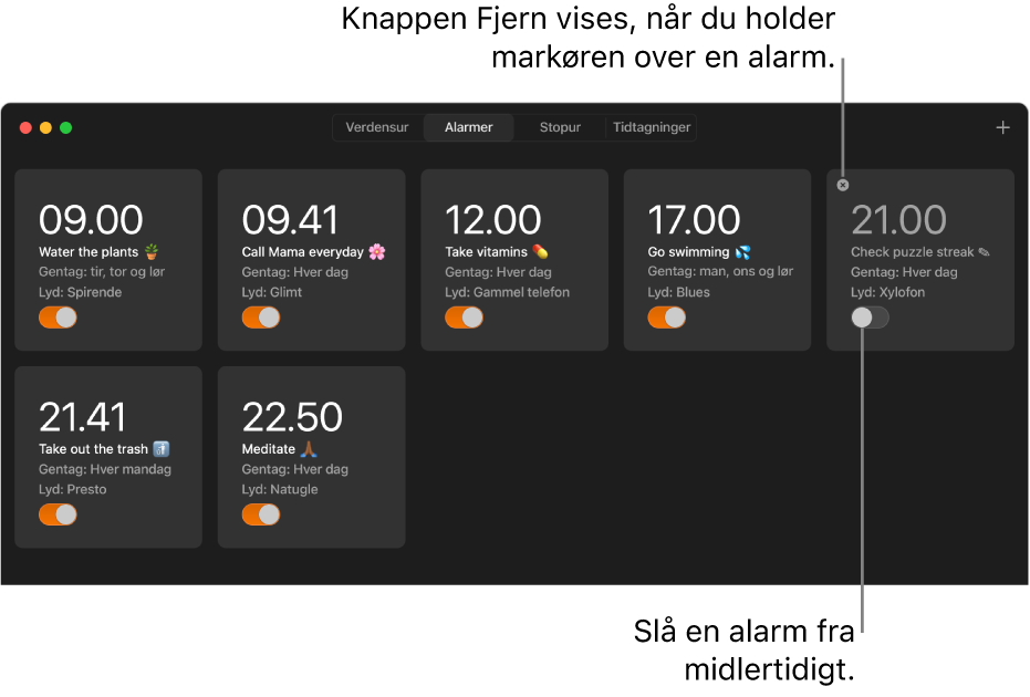 Vinduet Alarmer i appen Ur med flere alarmer, der viser forskellige opgaver og klokkeslæt.