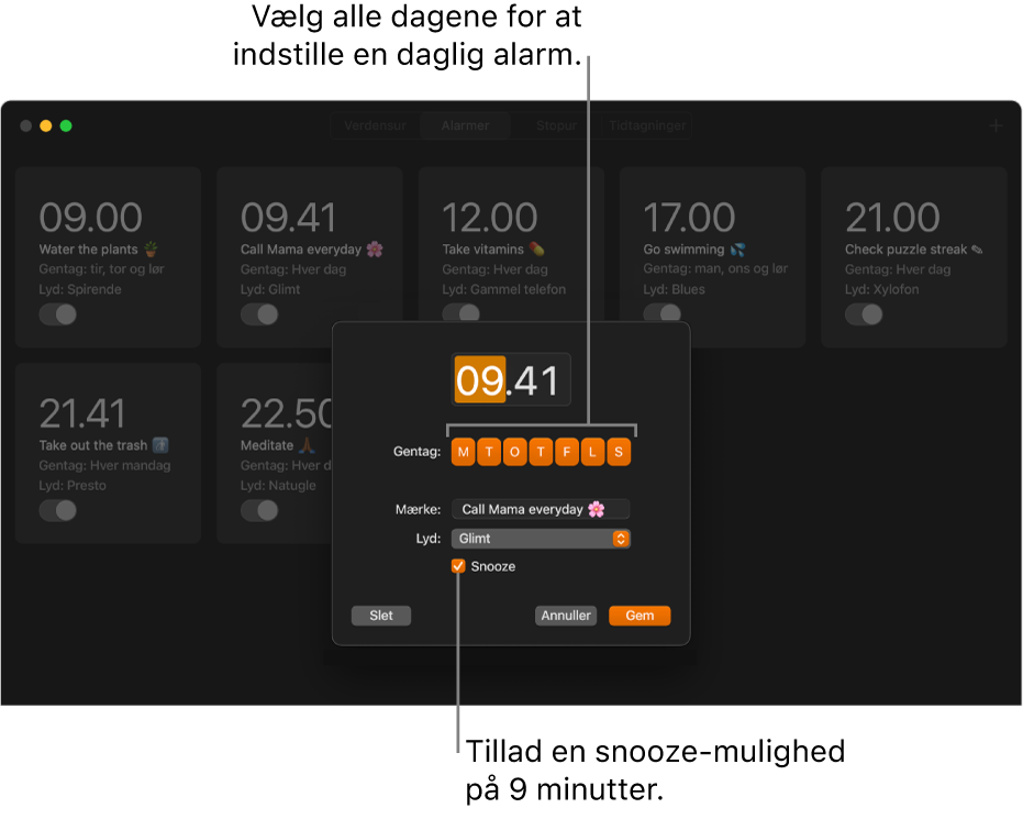 Lokalvinduet til indstilling af en alarm i appen Ur.