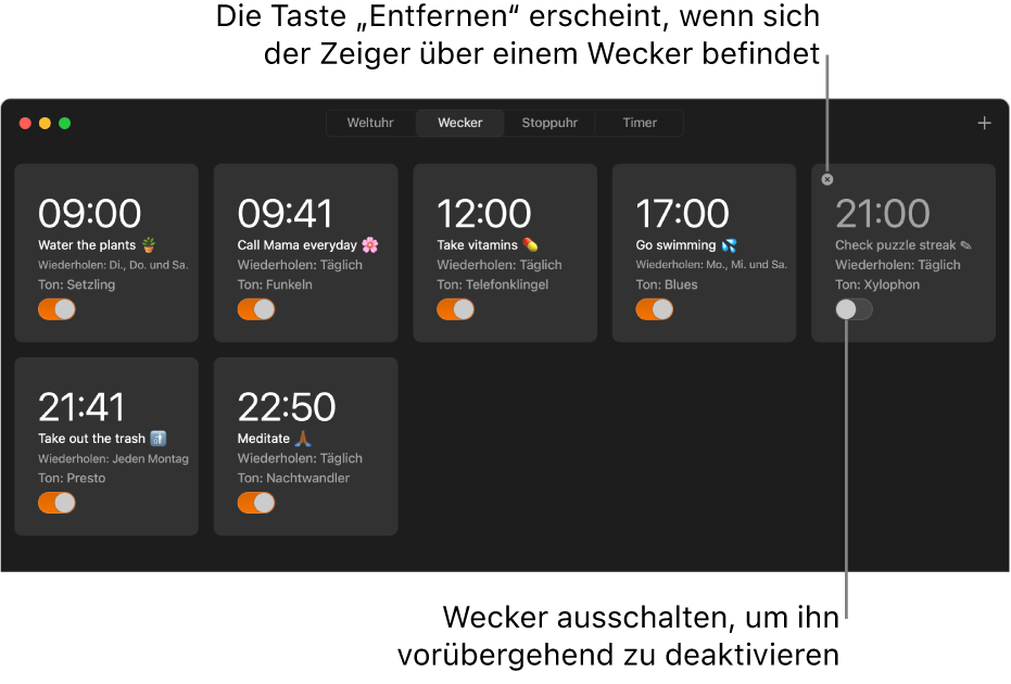 Der „Wecker“-Bereich der App „Uhr“ mit mehreren Weckern, die verschiedene Aufgaben und Zeiten anzeigen.