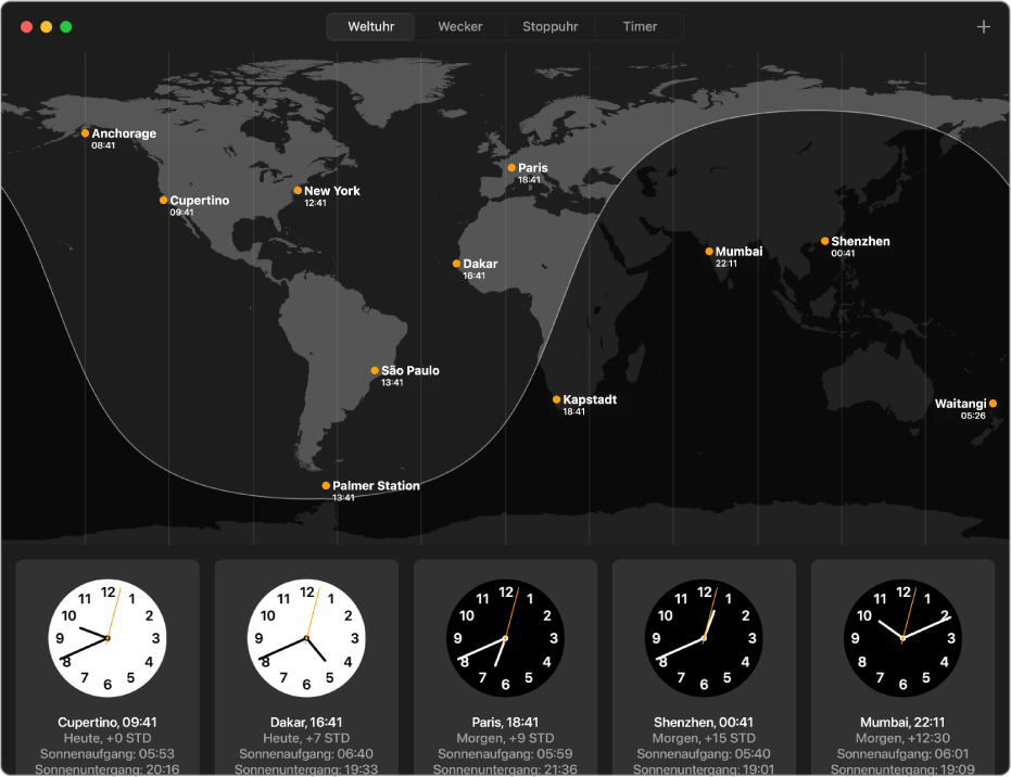 Im „Weltuhr“-Bereich der App „Uhr“ geben Beschriftungen Städte und deren Ortszeiten an. Unter der Karte befindet sich eine Reihe von Uhren – eine für jede der fünf auf der Weltkarte markierten Städte mit zusätzlichen Informationen zu jeder Stadt.