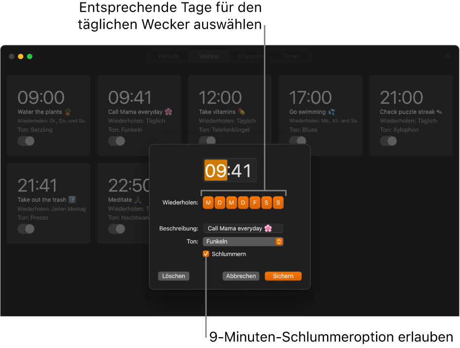 Das Einblendfenster, um einen Wecker in der App „Uhr“ zu stellen.