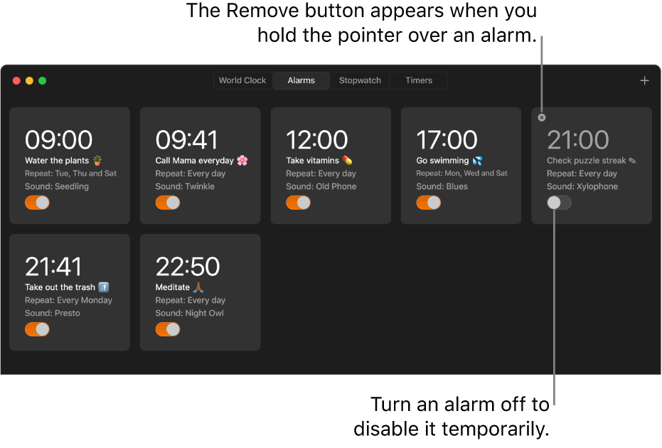 The Alarms pane of the Clock app, with multiple alarms showing varying tasks and times.