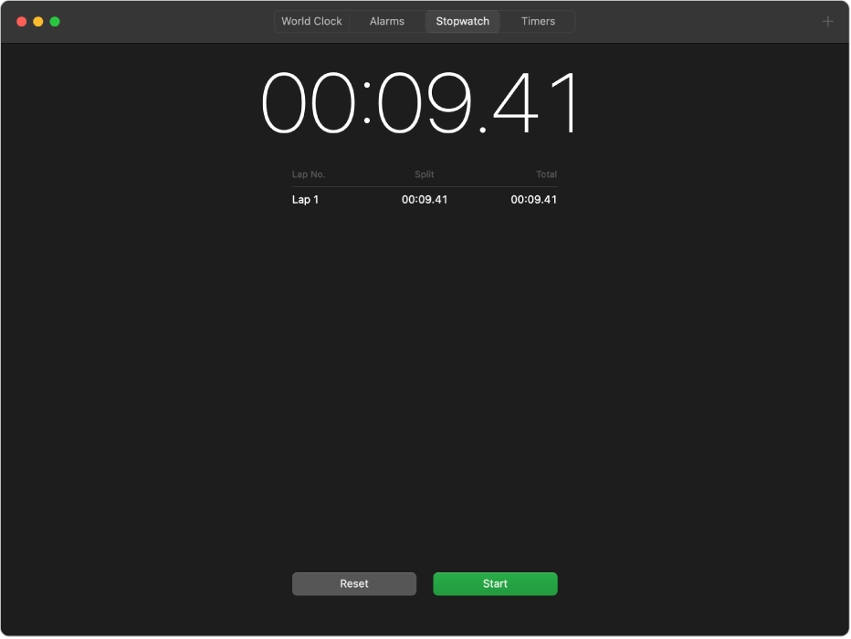 The Stopwatch pane of the Clock app, showing a timer paused after one lap.