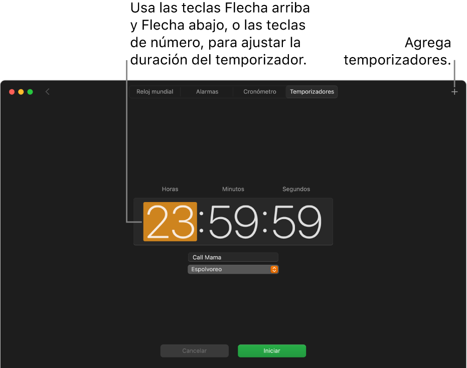 El panel Temporizadores de la app Reloj mostrando un tiempo en horas, minutos y segundos.