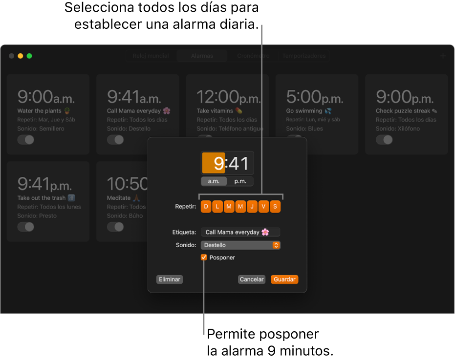 La ventana emergente para configurar una alarma en la app Reloj.