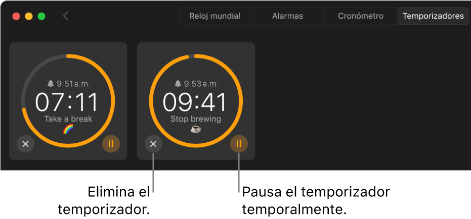 Dos temporizadores activos en la ventana Reloj. Cada temporizador tiene una etiqueta con su duración final, una etiqueta con el tiempo restante, y otra etiqueta rodeada por un arco amarillo sobre un círculo gris. El arco indica la porción de tiempo restante del temporizador. Los botones para quitar o pausar cada temporizador aparecen debajo de los círculos.