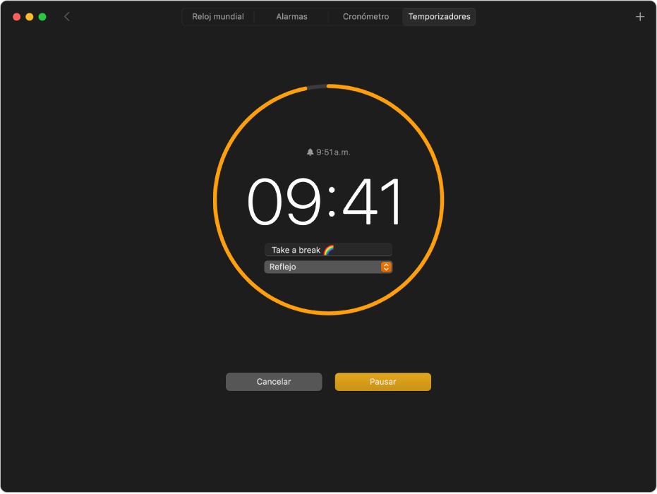 El panel Temporizadores de la app Reloj mostrando un temporizador de 10 minutos en progreso, con etiqueta y sonido personalizados.