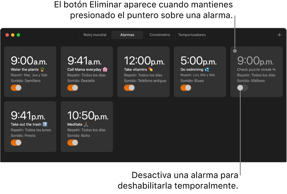 El panel Alarmas de la app Reloj con varias alarmas para diferentes tareas y horas.