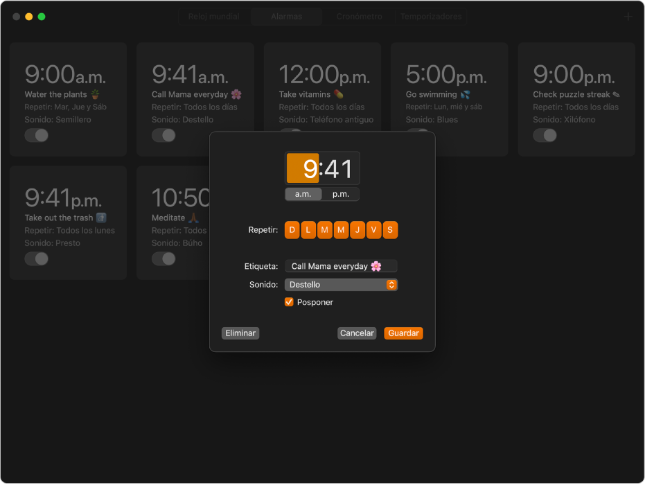 El panel Alarmas de la app Reloj mostrando varias alarmas. Enfrente del mapa hay un menú desplegable abierto donde se está configurando una alarma nueva.