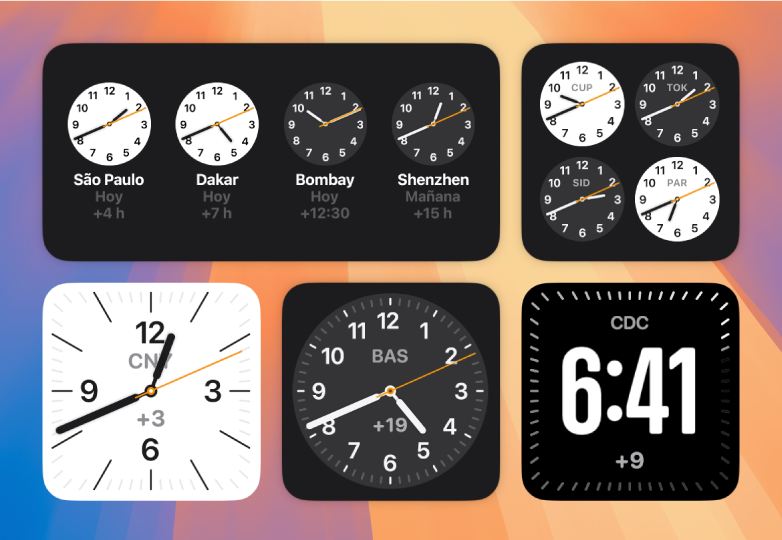 Varios widgets de Reloj en el escritorio mostrando la hora actual en varias ciudades del mundo.