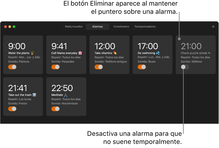 El panel Alarmas de la app Reloj con varias alarmas que muestran diferentes tareas y horas.