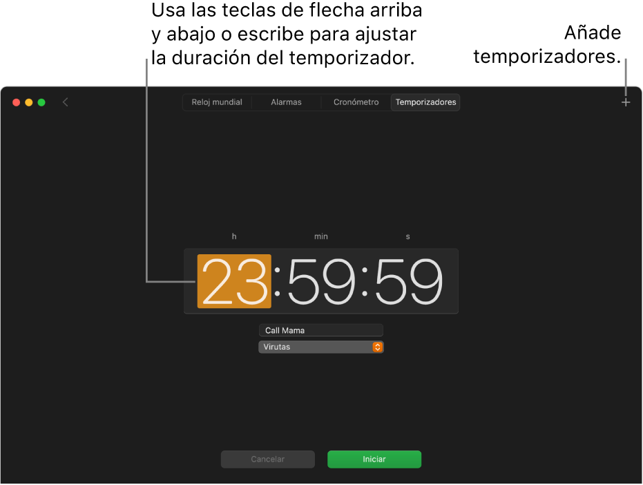 El panel Temporizadores de la app Reloj con una indicación de hora en horas, minutos y segundos.