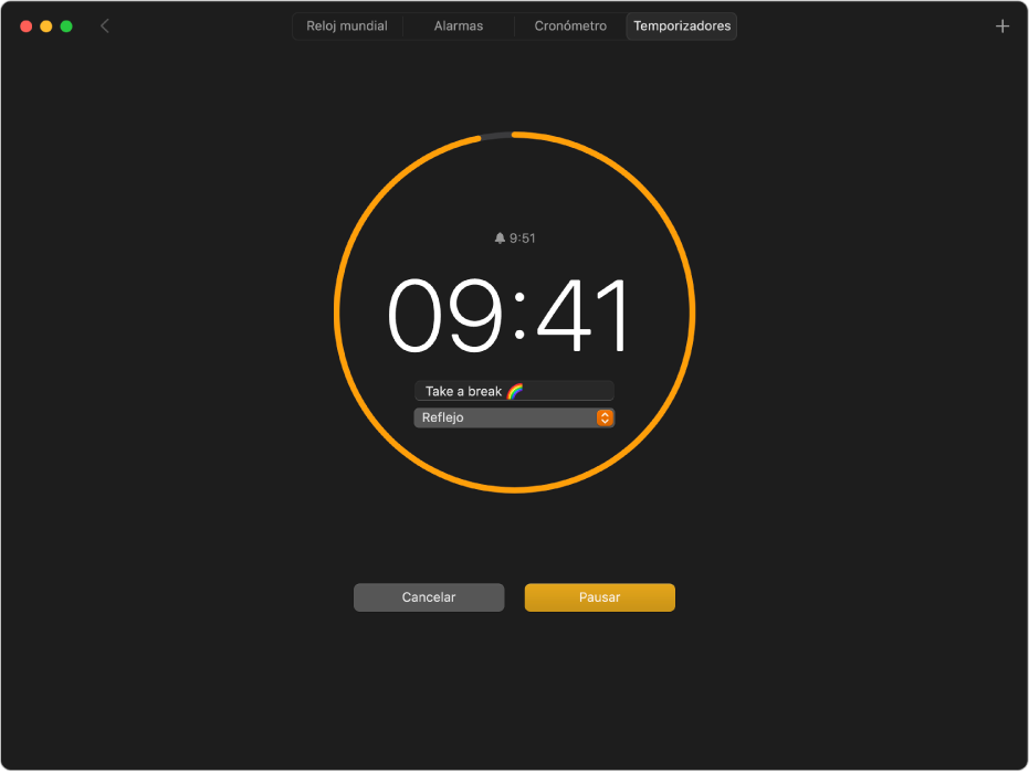 El panel Temporizadores de la app Reloj, con un temporizador de 10 minutos en marcha y una etiqueta y sonidos personalizados.