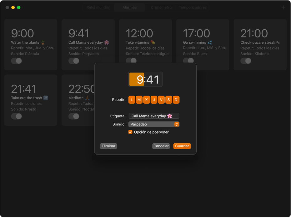 El panel Alarmas de la app Reloj con varias alarmas. Delante del panel hay un menú desplegable abierto en el que se está configurando una alarma nueva.