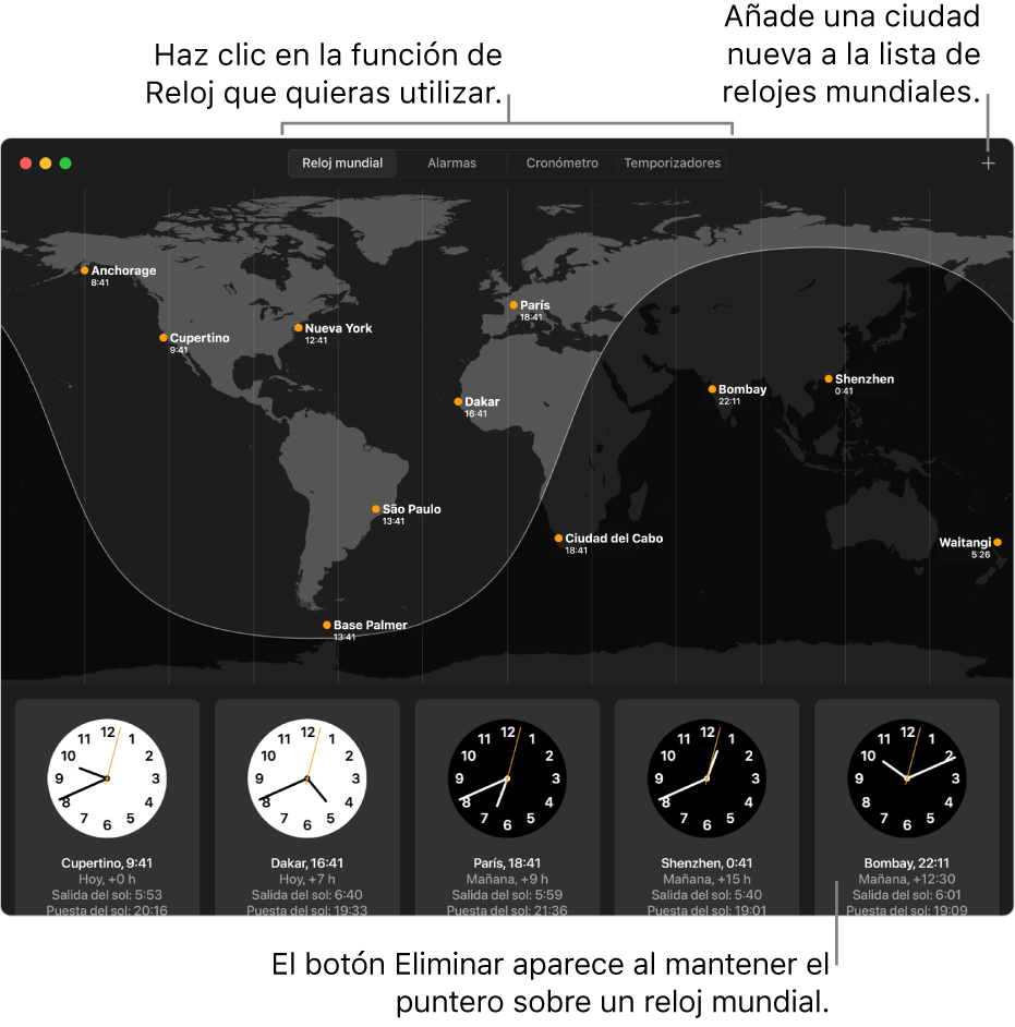El panel “Reloj mundial” de la app Reloj, con la hora local y las horas de puesta y salida del sol de distintas ciudades del mundo. Las pestañas de la parte superior de la ventana Reloj dan acceso a otras funciones. Arriba a la derecha hay un botón Añadir que te permite añadir una ciudad.